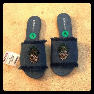 BCBG pineapple denim slides